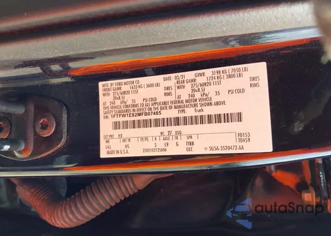 2021 Ford F-150 Lariat z USA, uszkodzony, nr VIN 1FTFW1E82MFB07485